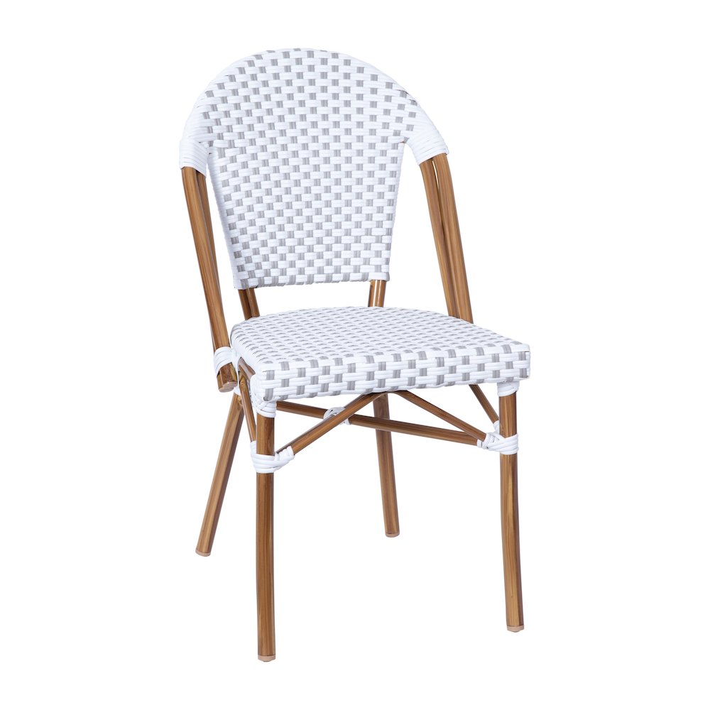 Bistro 31.5" Table, White and Gray PE Rattan, Glass Top with 4 Stack Chairs