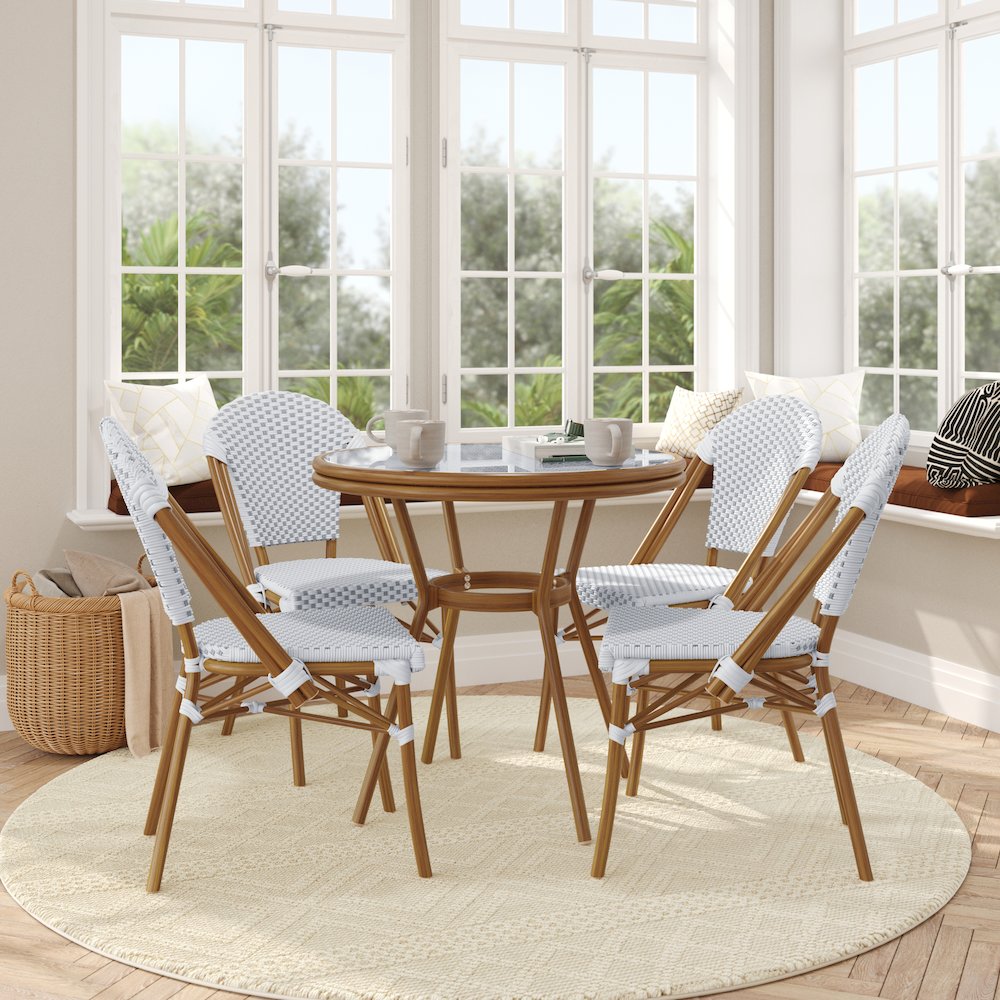 Bistro 31.5" Table, White and Gray PE Rattan, Glass Top with 4 Stack Chairs