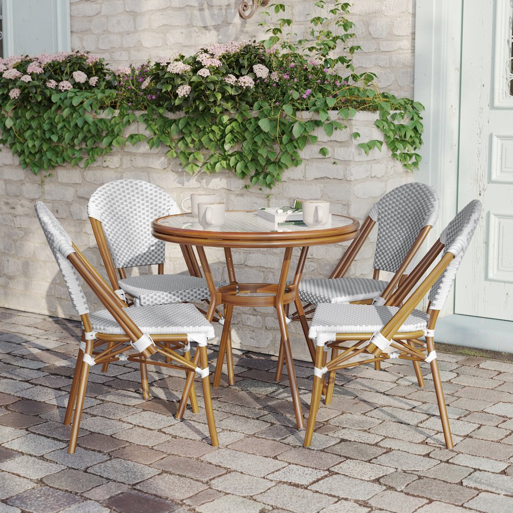 Bistro 31.5" Table, White and Gray PE Rattan, Glass Top with 4 Stack Chairs