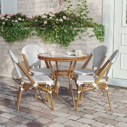 Bistro 31.5" Table, White and Gray PE Rattan, Glass Top with 4 Stack Chairs