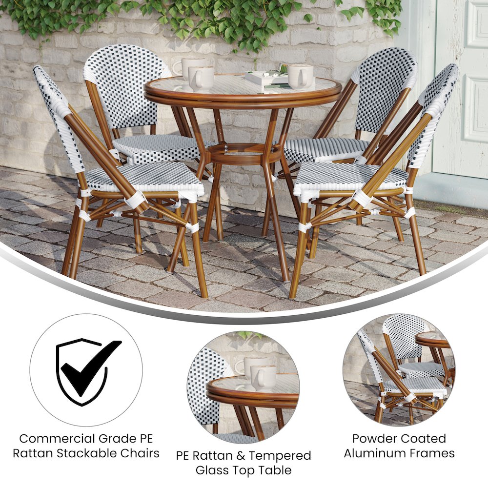 Bistro 31.5" Table, White and Navy PE Rattan, Glass Top with 4 Stack Chairs