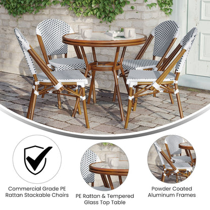 Bistro 31.5" Table, White and Navy PE Rattan, Glass Top with 4 Stack Chairs