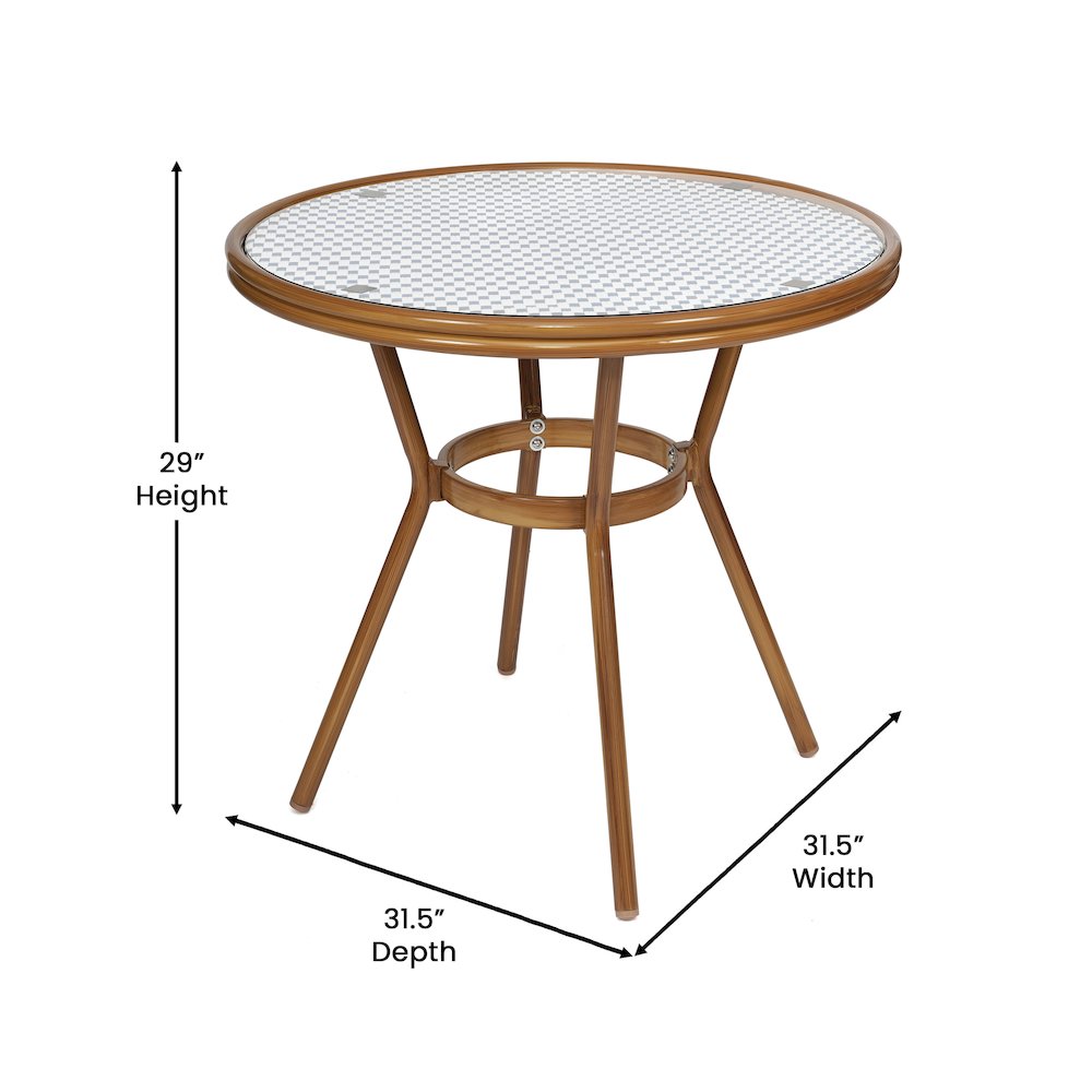 Bistro 31.5" Table, White and Navy PE Rattan, Glass Top with 4 Stack Chairs