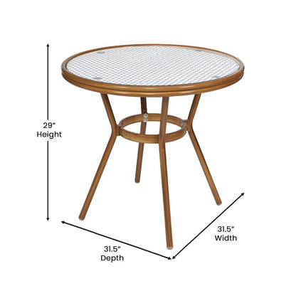 Bistro 31.5" Table, White and Navy PE Rattan, Glass Top with 4 Stack Chairs