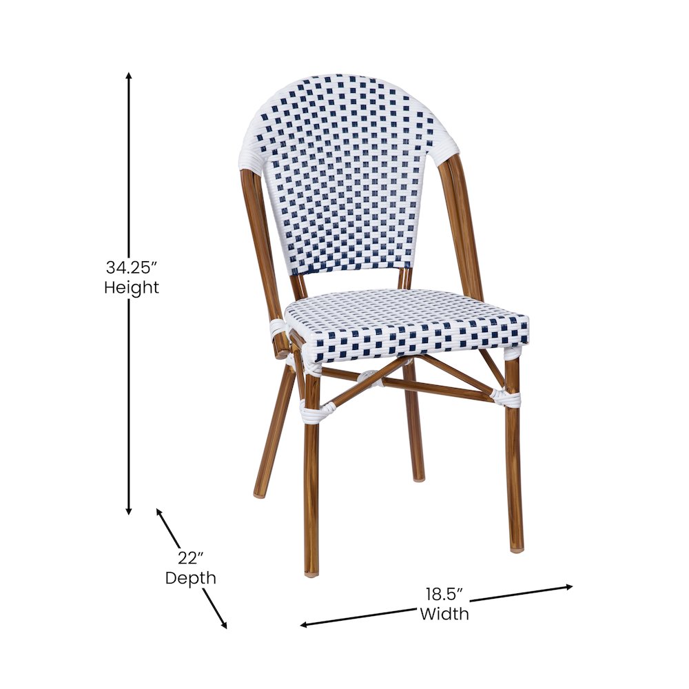 Bistro 31.5" Table, White and Navy PE Rattan, Glass Top with 4 Stack Chairs