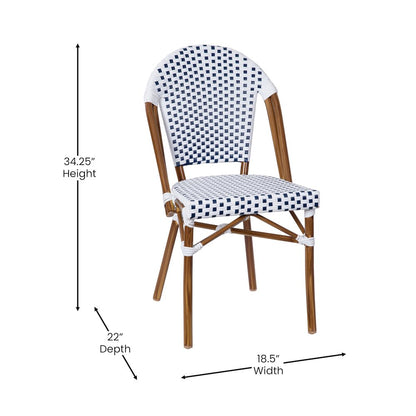 Bistro 31.5" Table, White and Navy PE Rattan, Glass Top with 4 Stack Chairs