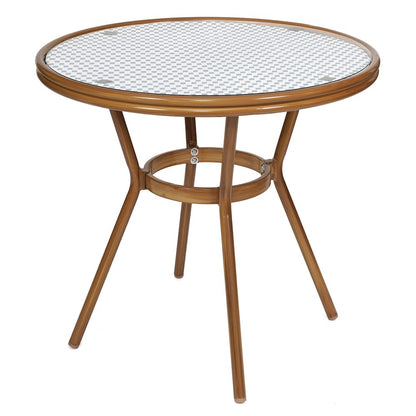 Bistro 31.5" Table, White and Navy PE Rattan, Glass Top with 4 Stack Chairs