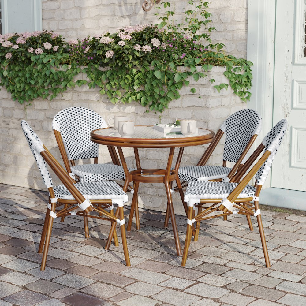 Bistro 31.5" Table, White and Navy PE Rattan, Glass Top with 4 Stack Chairs