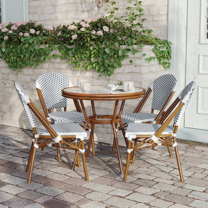 Bistro 31.5" Table, White and Navy PE Rattan, Glass Top with 4 Stack Chairs