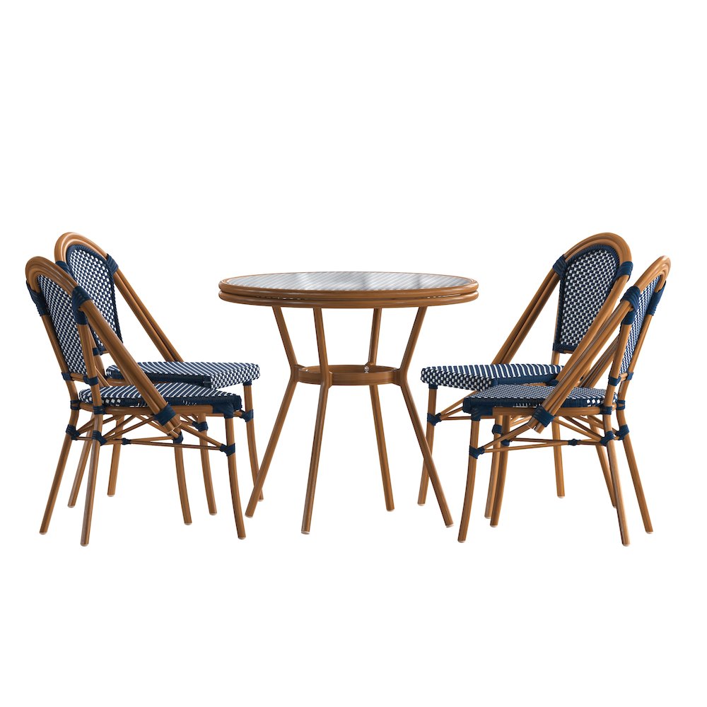 Classic Bistro Set with Table and Four Chairs, Navy & White Rattan/Natural Frame