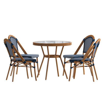 Classic Bistro Set with Table and Four Chairs, Navy & White Rattan/Natural Frame
