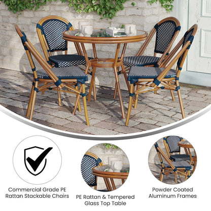 Classic Bistro Set with Table and Four Chairs, Navy & White Rattan/Natural Frame