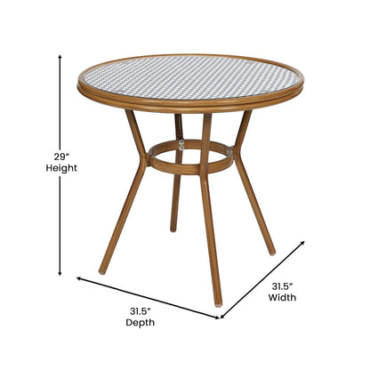 Classic Bistro Set with Table and Four Chairs, Navy & White Rattan/Natural Frame