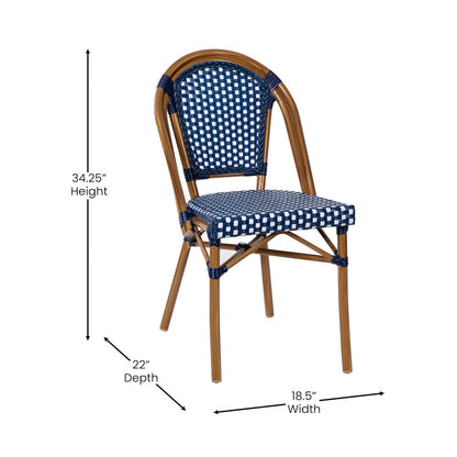 Classic Bistro Set with Table and Four Chairs, Navy & White Rattan/Natural Frame