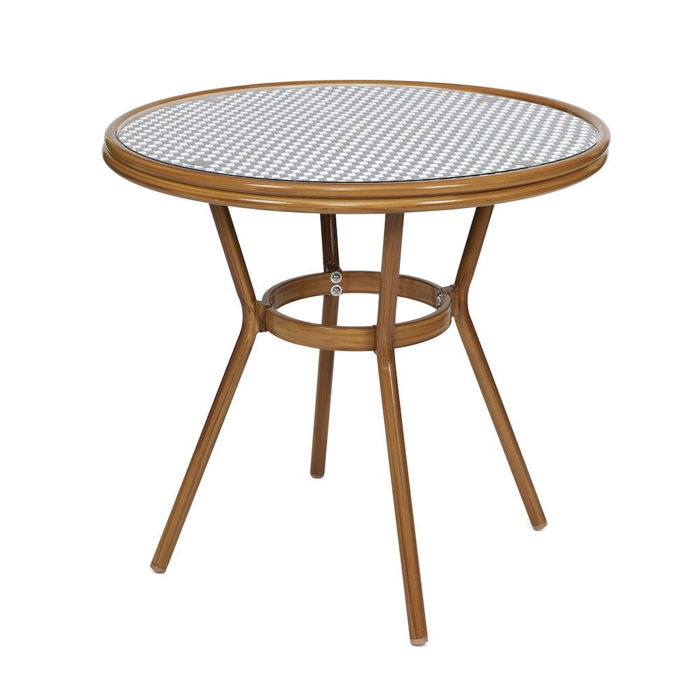 Classic Bistro Set with Table and Four Chairs, Navy & White Rattan/Natural Frame
