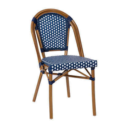 Classic Bistro Set with Table and Four Chairs, Navy & White Rattan/Natural Frame