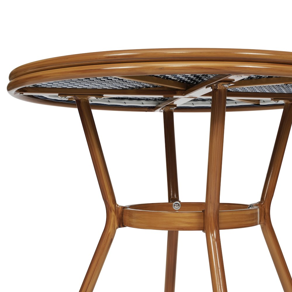 Classic Bistro Set with Table and Four Chairs, Navy & White Rattan/Natural Frame