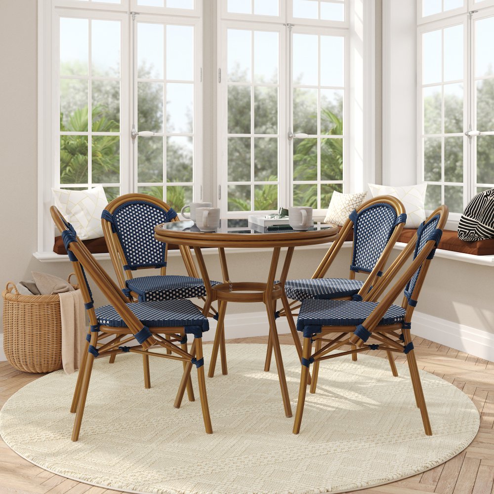 Classic Bistro Set with Table and Four Chairs, Navy & White Rattan/Natural Frame