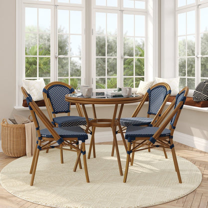 Classic Bistro Set with Table and Four Chairs, Navy & White Rattan/Natural Frame