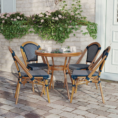 Classic Bistro Set with Table and Four Chairs, Navy & White Rattan/Natural Frame