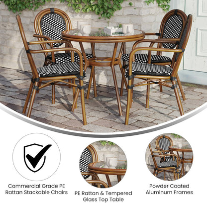 Bistro 31.5" Table, Black and White PE Rattan, Glass Top with 4 Stack Chairs