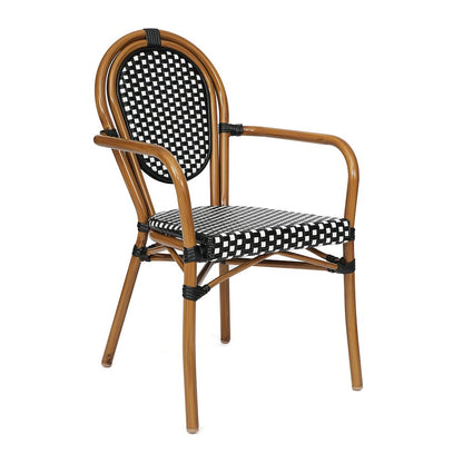 Bistro 31.5" Table, Black and White PE Rattan, Glass Top with 4 Stack Chairs