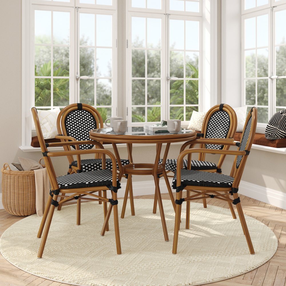 Bistro 31.5" Table, Black and White PE Rattan, Glass Top with 4 Stack Chairs