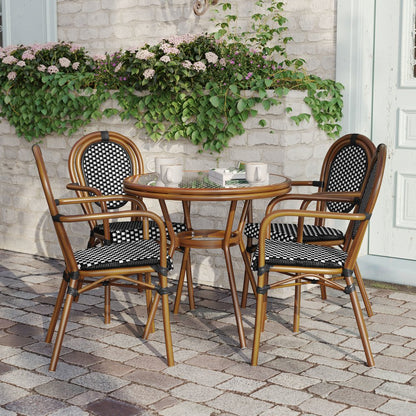 Bistro 31.5" Table, Black and White PE Rattan, Glass Top with 4 Stack Chairs