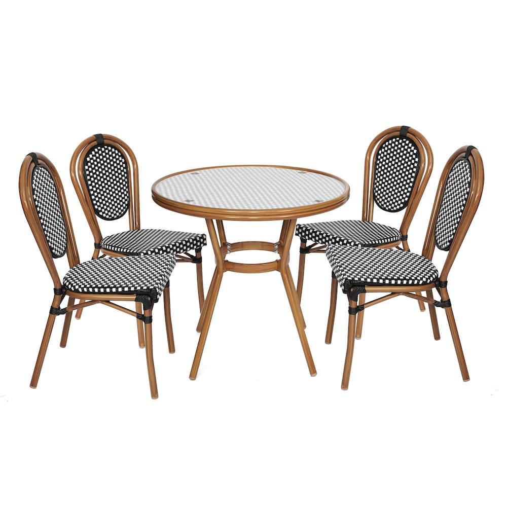 Bistro 31.5" Table, Black and White PE Rattan, Glass Top with 4 Stack Chairs