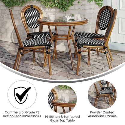 Bistro 31.5" Table, Black and White PE Rattan, Glass Top with 4 Stack Chairs