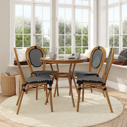 Bistro 31.5" Table, Black and White PE Rattan, Glass Top with 4 Stack Chairs