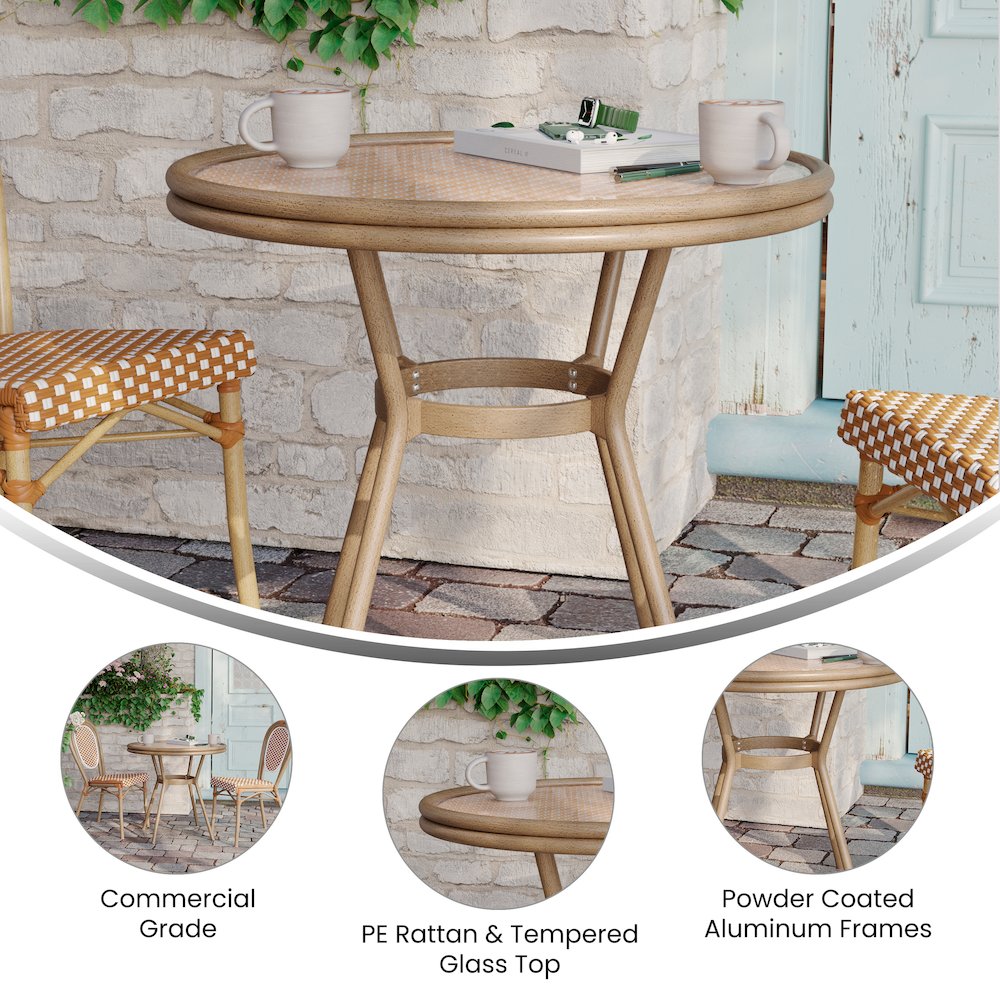 Classic Bistro Table, Natural & White Rattan/Light Natural Frame