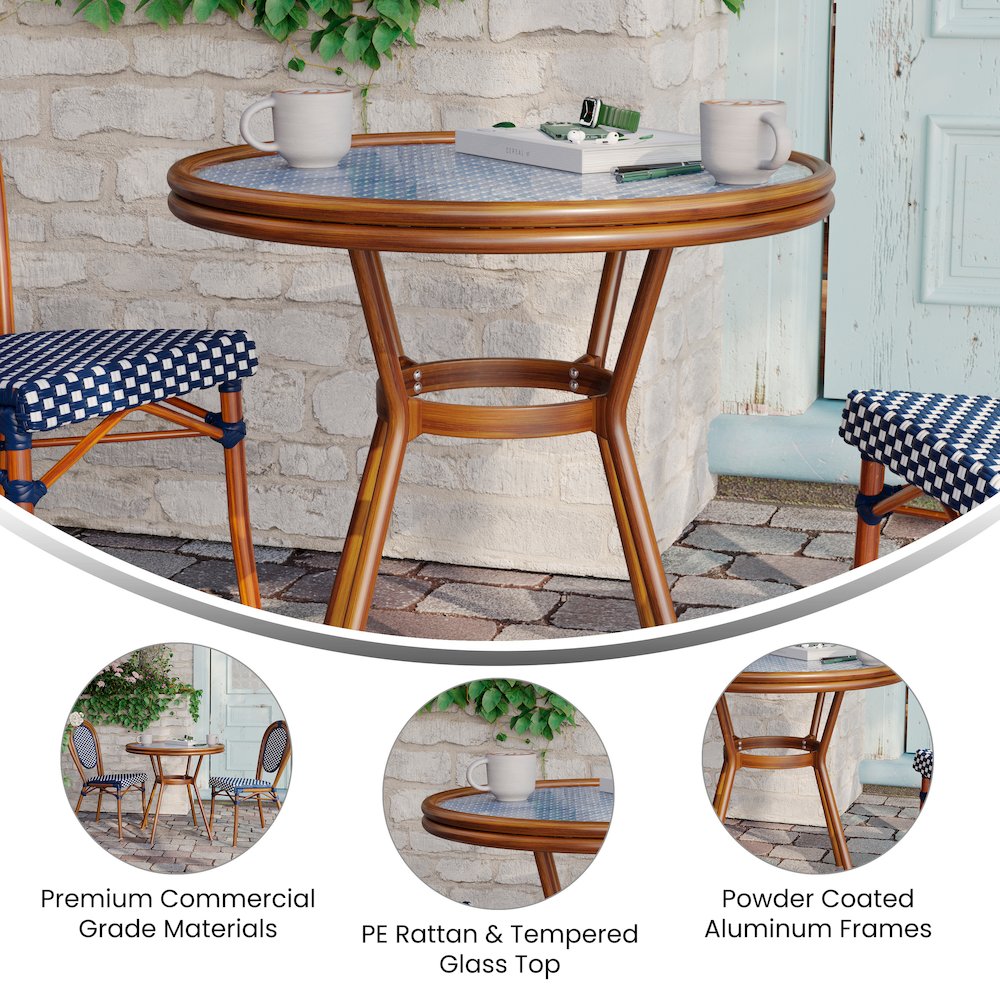 Classic Commercial Grade Bistro Table, Navy & White Rattan/Natural Frame