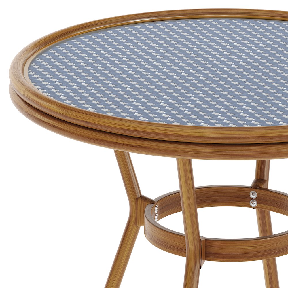 Classic Commercial Grade Bistro Table, Navy & White Rattan/Natural Frame