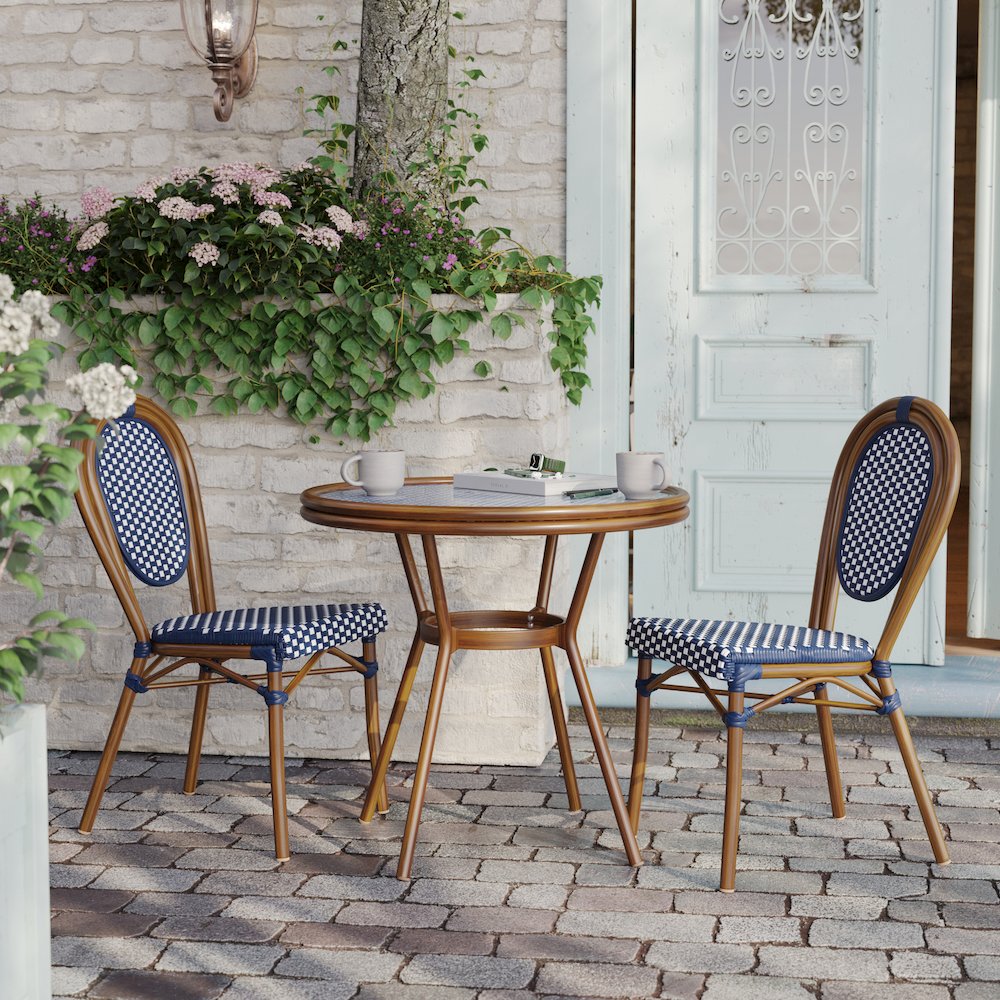 Classic Commercial Grade Bistro Table, Navy & White Rattan/Natural Frame
