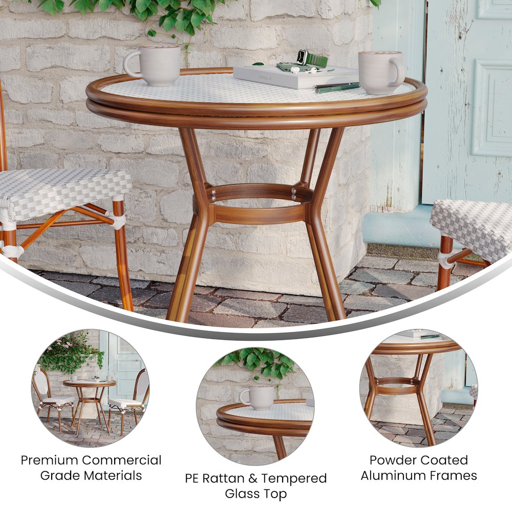 Classic Commercial Grade Bistro Table, White & Gray Rattan/Natural Frame