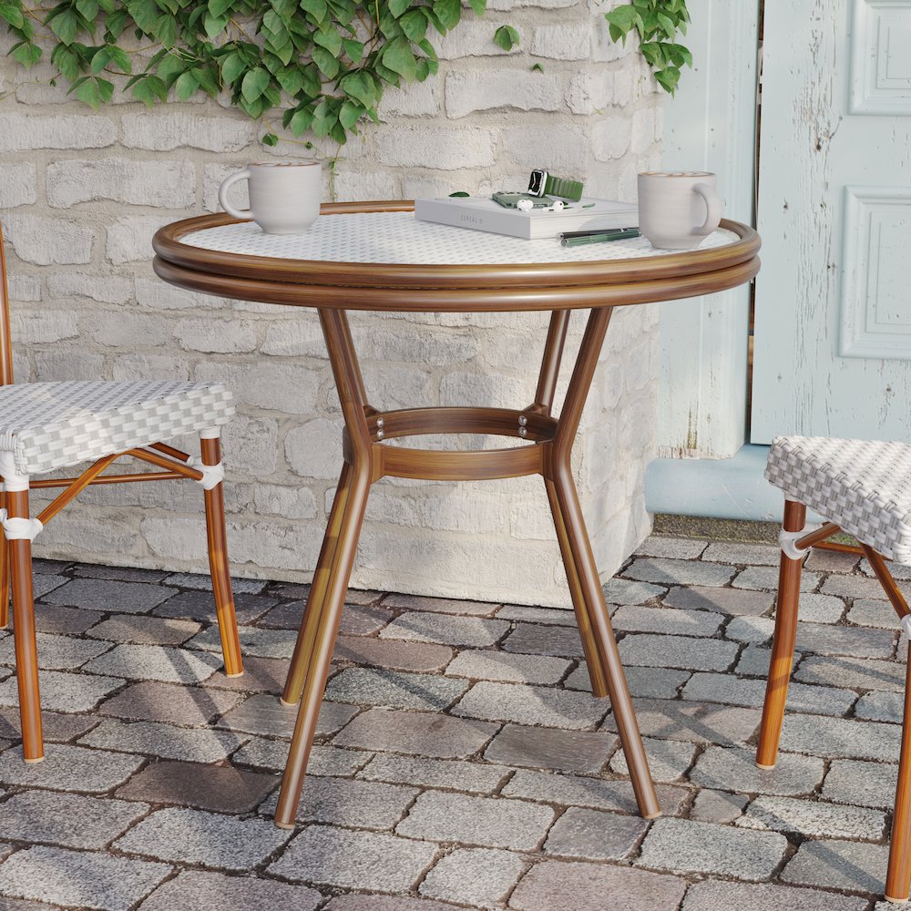Classic Commercial Grade Bistro Table, White & Gray Rattan/Natural Frame