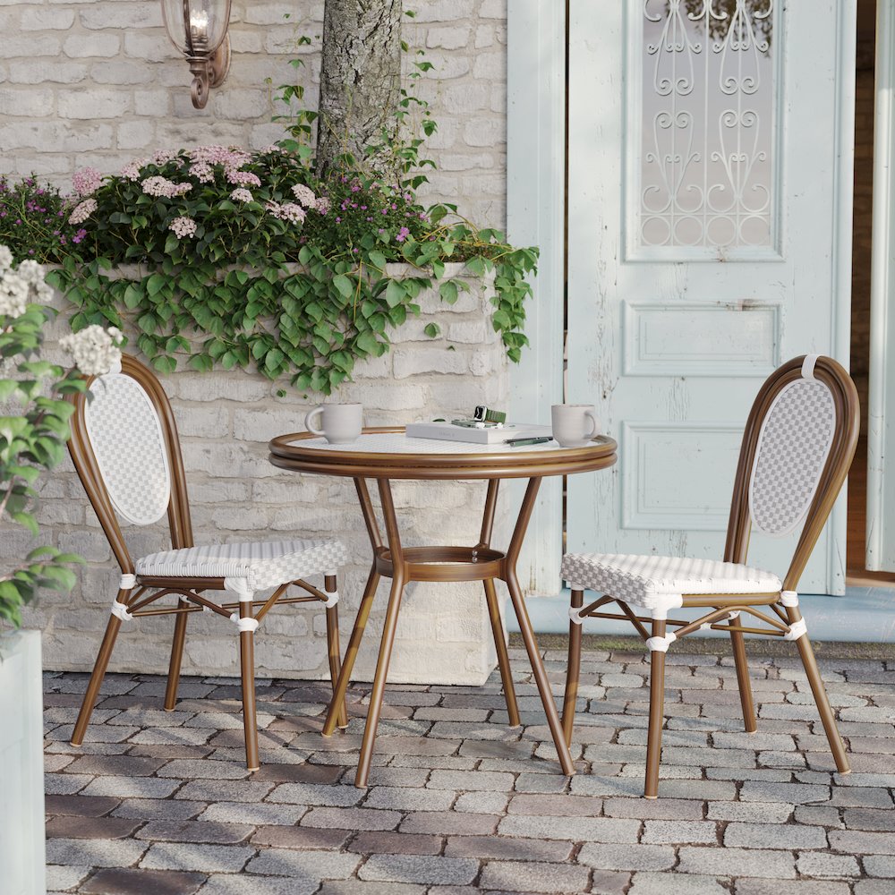 Classic Commercial Grade Bistro Table, White & Gray Rattan/Natural Frame