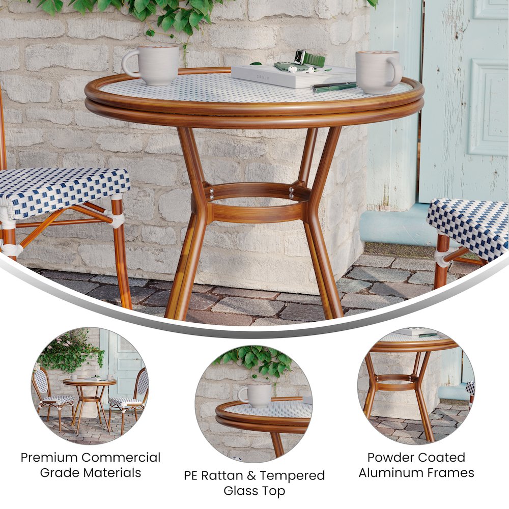 Classic Commercial Grade Bistro Table, White & Navy Rattan/Natural Frame