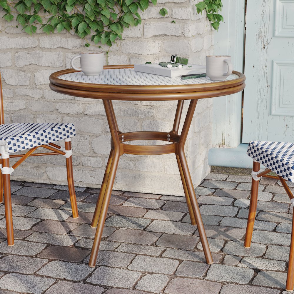 Classic Commercial Grade Bistro Table, White & Navy Rattan/Natural Frame