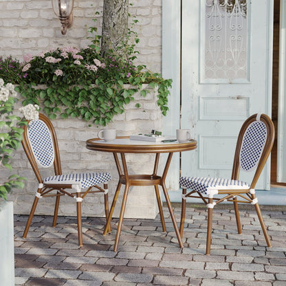Classic Commercial Grade Bistro Table, White & Navy Rattan/Natural Frame