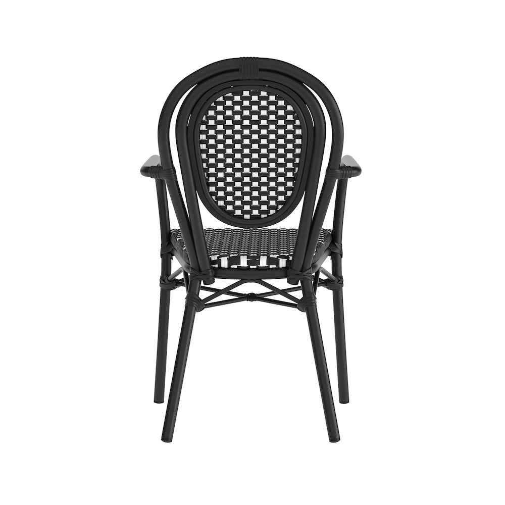 Bistro Stacking Chair with Arms, Black and White Rattan and Black Aluminum Frame