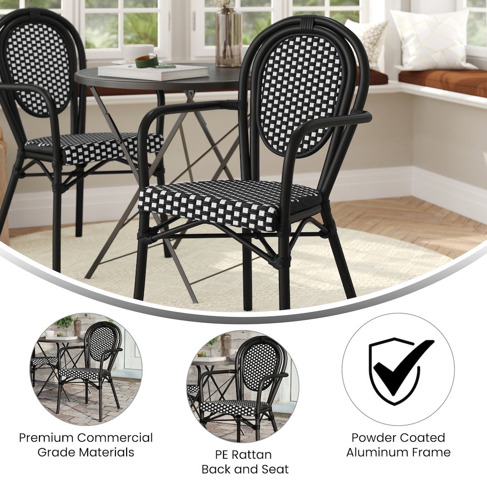 Bistro Stacking Chair with Arms, Black and White Rattan and Black Aluminum Frame