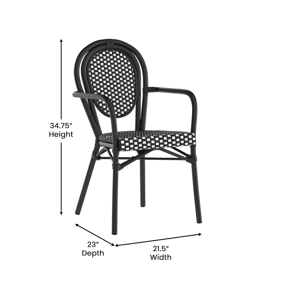 Bistro Stacking Chair with Arms, Black and White Rattan and Black Aluminum Frame