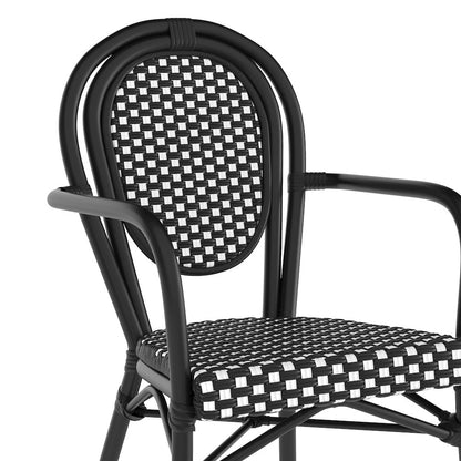 Bistro Stacking Chair with Arms, Black and White Rattan and Black Aluminum Frame