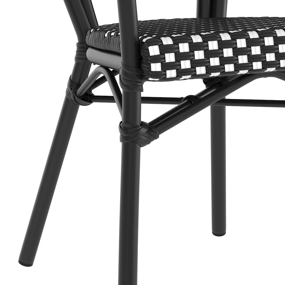 Bistro Stacking Chair with Arms, Black and White Rattan and Black Aluminum Frame
