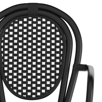 Bistro Stacking Chair with Arms, Black and White Rattan and Black Aluminum Frame