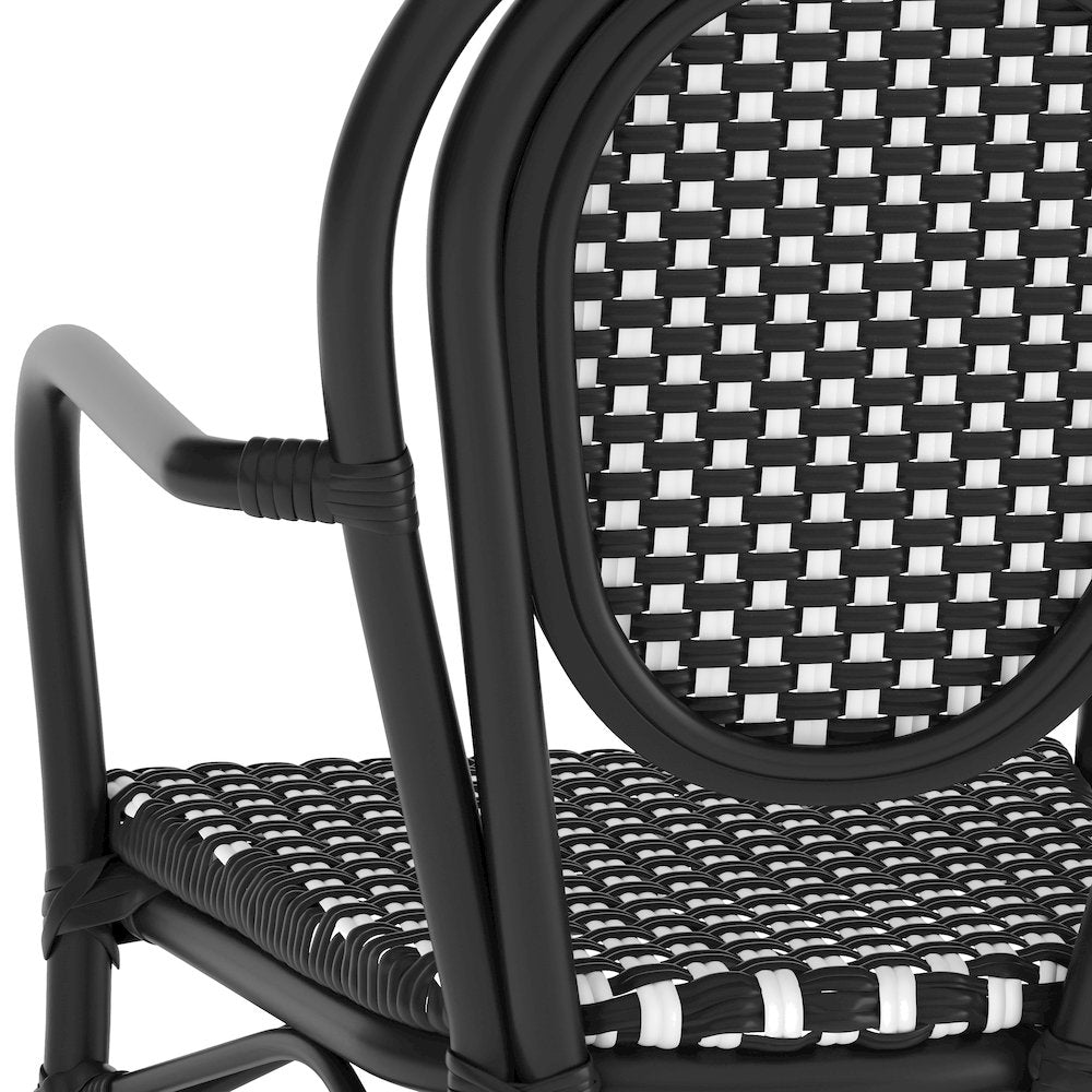 Bistro Stacking Chair with Arms, Black and White Rattan and Black Aluminum Frame