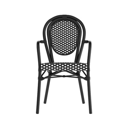 Bistro Stacking Chair with Arms, Black and White Rattan and Black Aluminum Frame