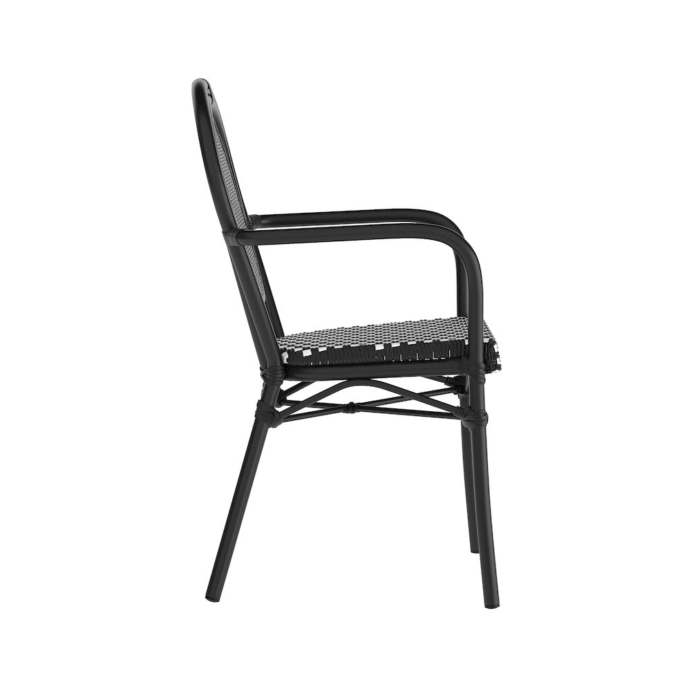 Bistro Stacking Chair with Arms, Black and White Rattan and Black Aluminum Frame